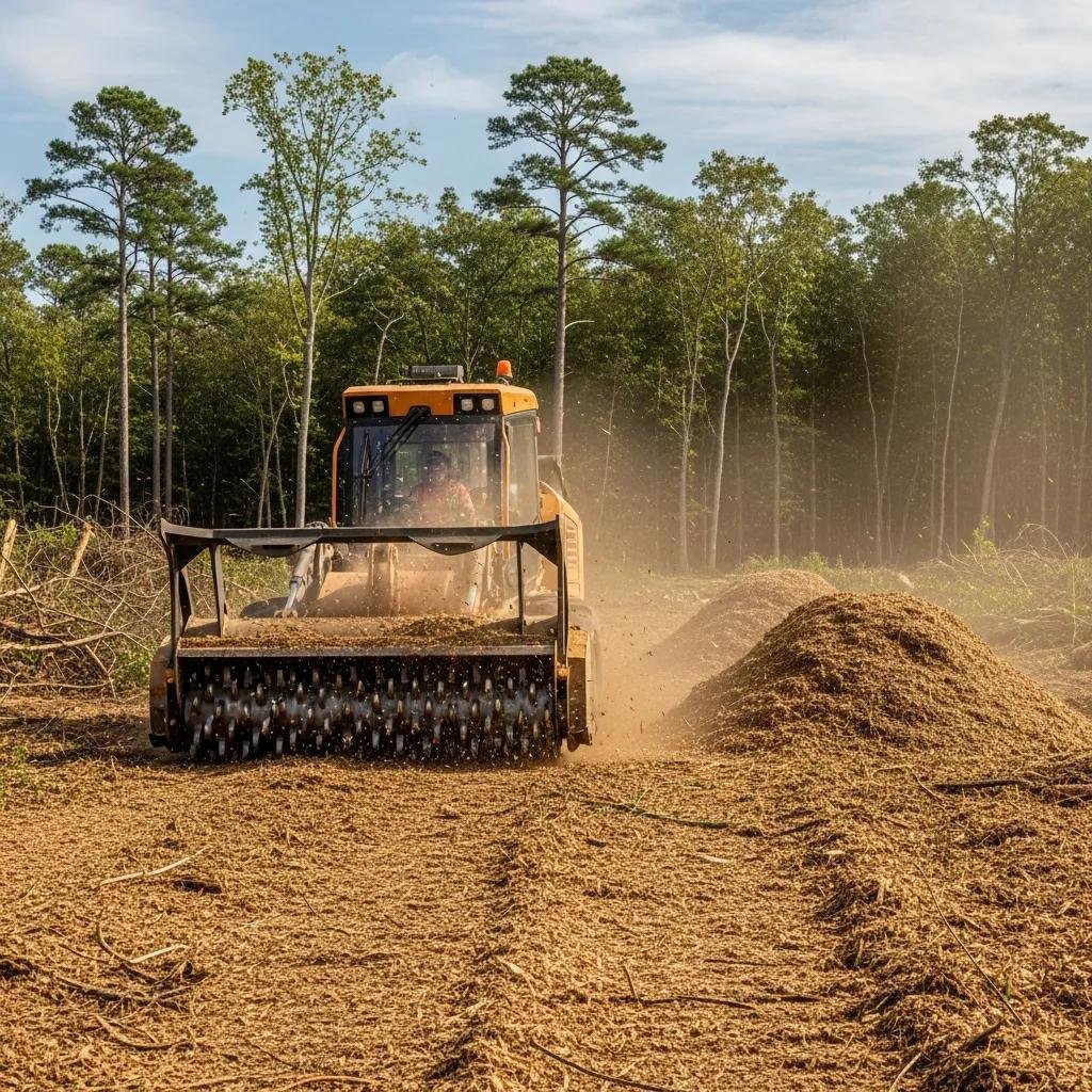 Forestry mulching machine grinding vegetation into mulch on-site, demonstrating eco-friendly land clearing techniques in a forested area.