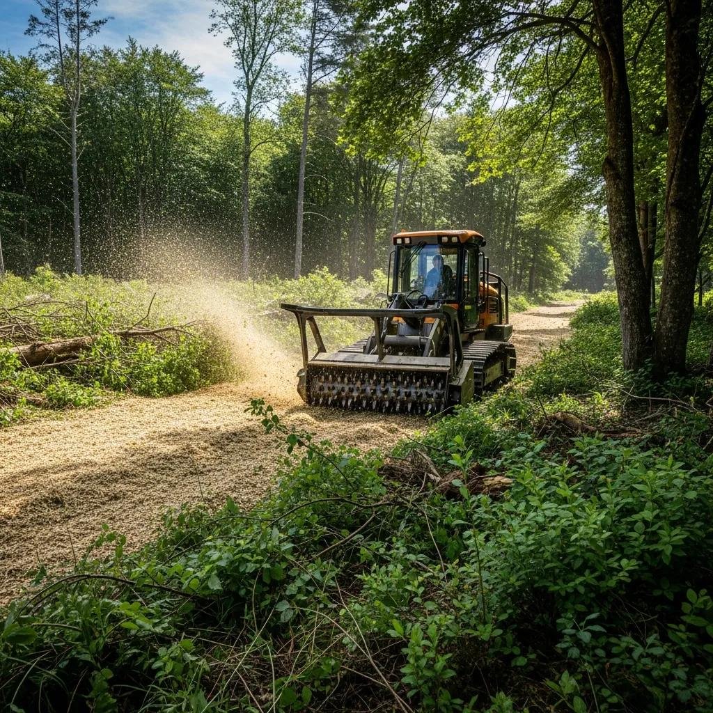 Forestry mulching process in Dunnellon, showcasing machinery grinding vegetation into mulch, enhancing land clearing and promoting soil health.