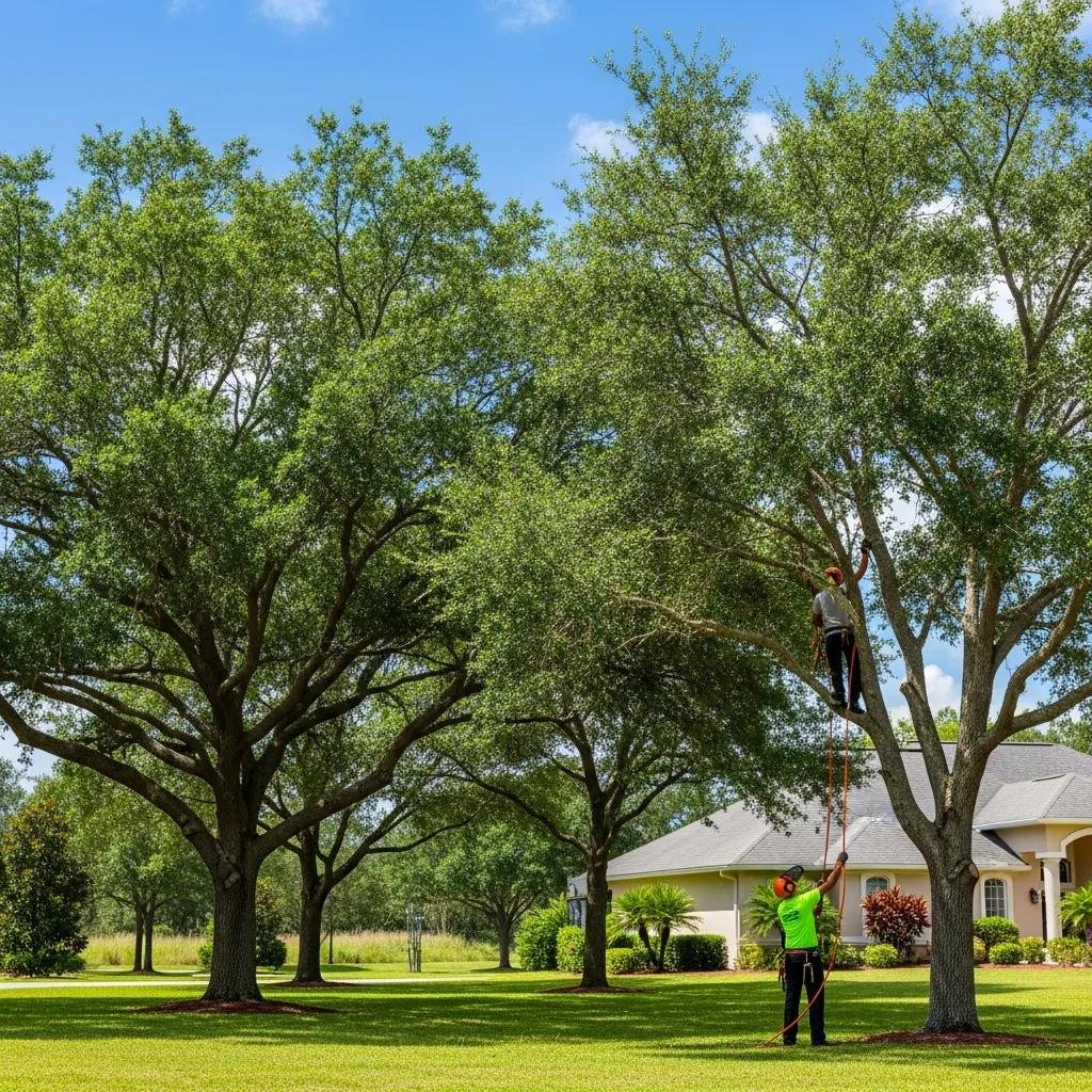 Professional tree service team performing maintenance on healthy trees in a residential yard in Marion Oaks, Florida.