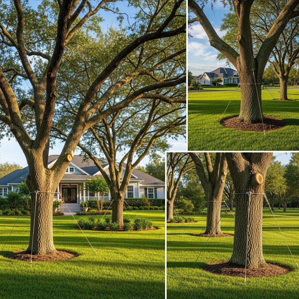 Healthy trees with installed cabling and bracing systems in a well-maintained yard, enhancing property safety and value in Ocala.