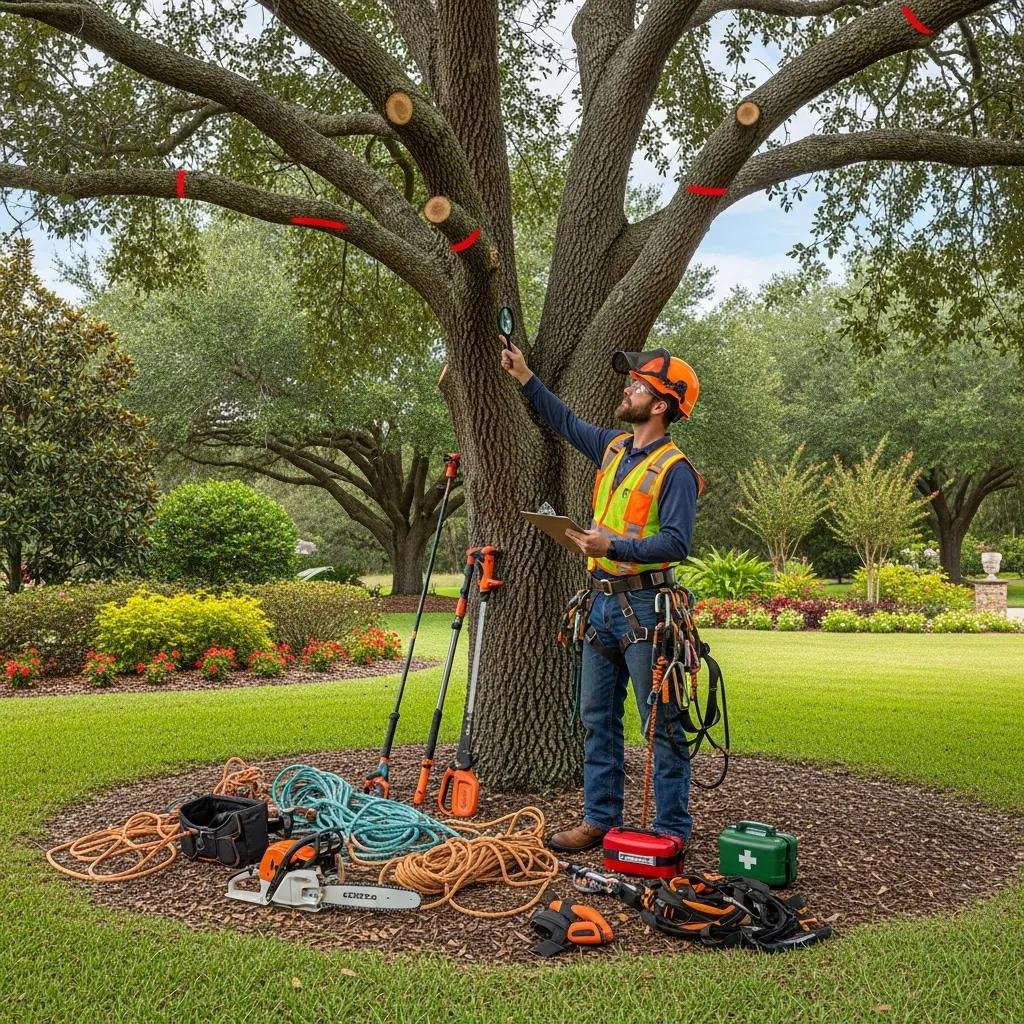 ISA certified arborist assessing a tree for crown reduction in a residential garden, with pruning tools and safety gear, surrounded by vibrant landscaping.