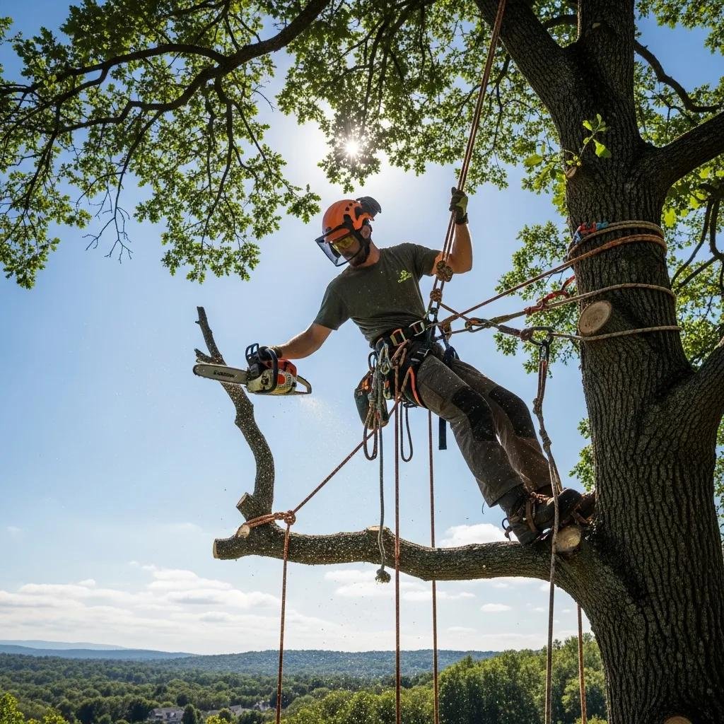 ISA Certified arborist using safety equipment and chainsaw to remove dead branches from a tall tree, demonstrating professional deadwooding techniques in a landscape setting.