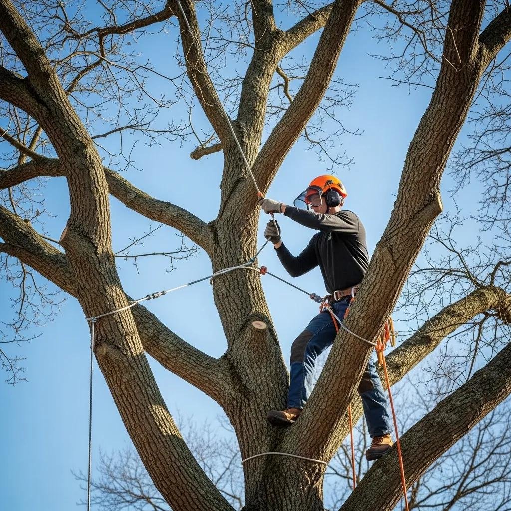 Professional arborist installing tree cabling and bracing on an oak tree for enhanced stability in an urban setting.