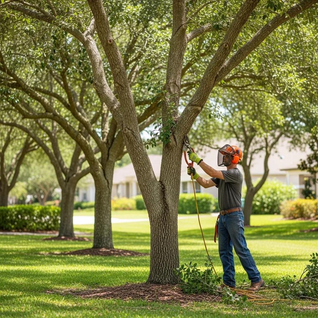 Professional arborist pruning a tree in a residential landscape in The Villages, Florida