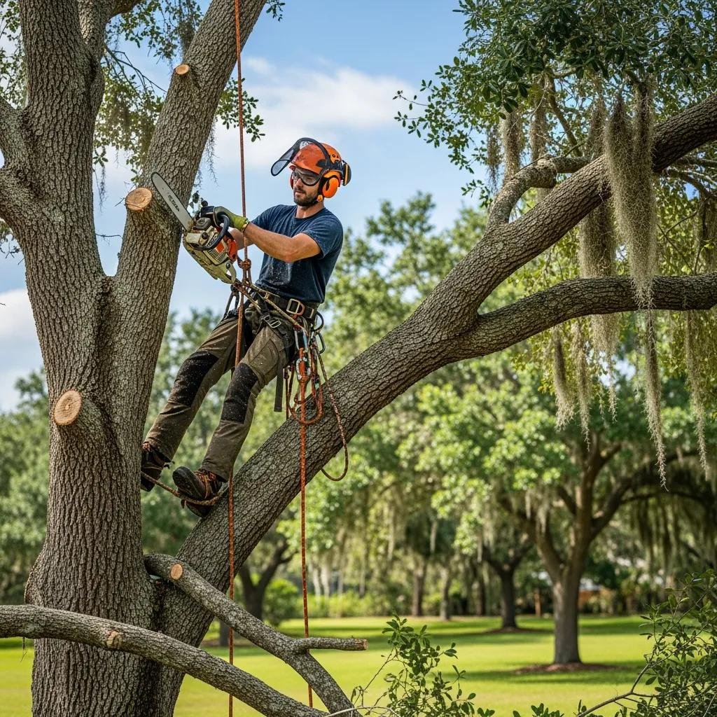 Professional arborist pruning a tree in Belleview, Florida, showcasing expert tree care services for healthier landscapes.