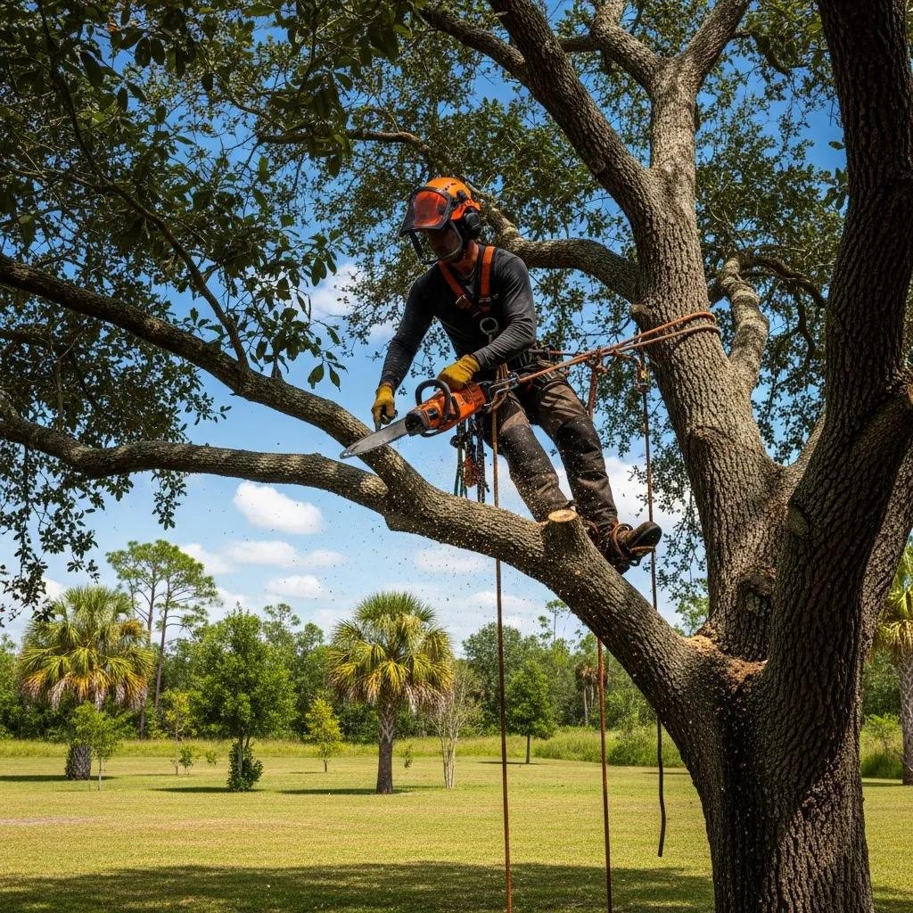 Professional arborist pruning a tree in Marion Oaks, Florida, highlighting expert tree care services and enhancing landscape aesthetics.