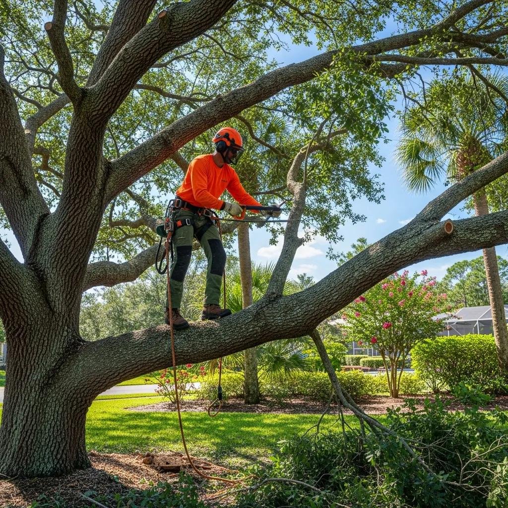 Professional arborist pruning a tree in Summerfield, Florida, showcasing expert tree care techniques amidst lush greenery and residential backdrop.