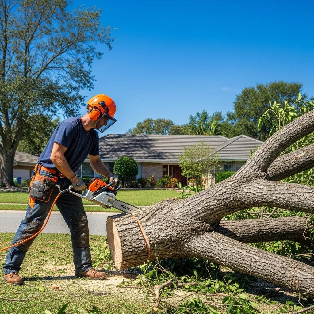Professional arborist removing a fallen tree in a residential area, emphasizing emergency tree service