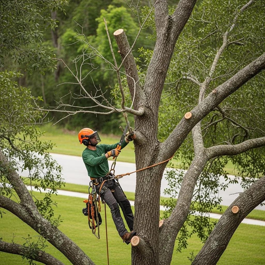 Professional arborist removing dead branches from a tree in Ocala, emphasizing tree care and safety.