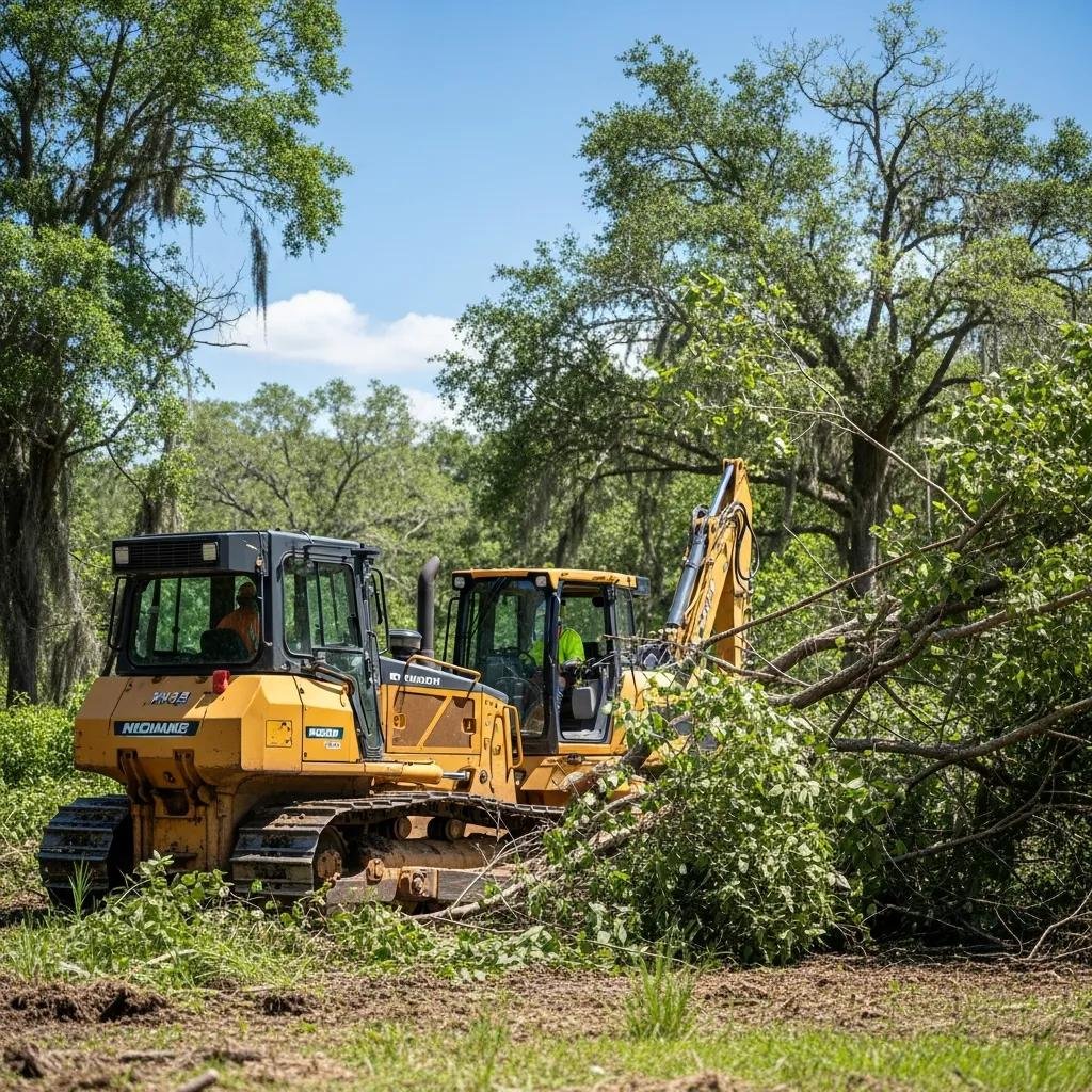 Professional land clearing machinery operating in Dunnellon, Florida, removing overgrown vegetation and debris for site preparation.
