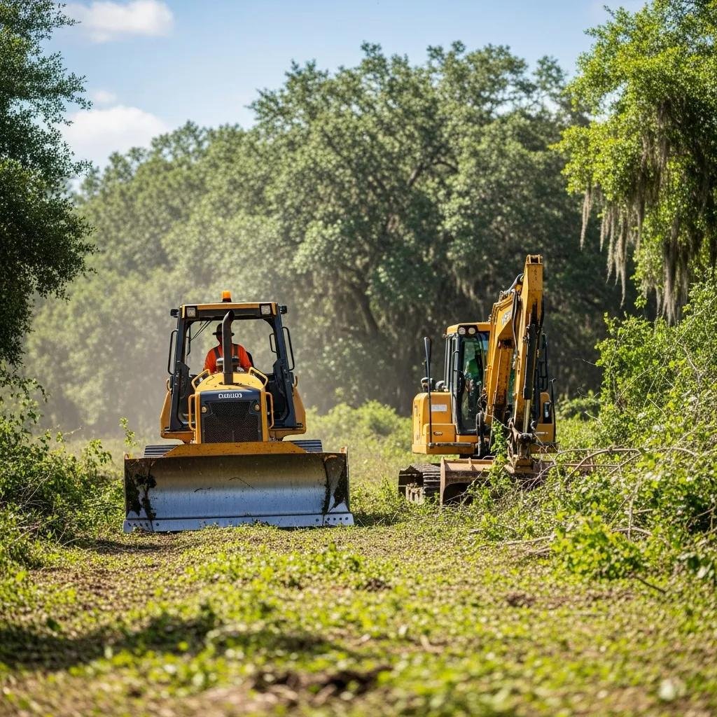 Professional land clearing machinery and skilled workers in Ocala, Florida, clearing overgrown vegetation for site preparation.