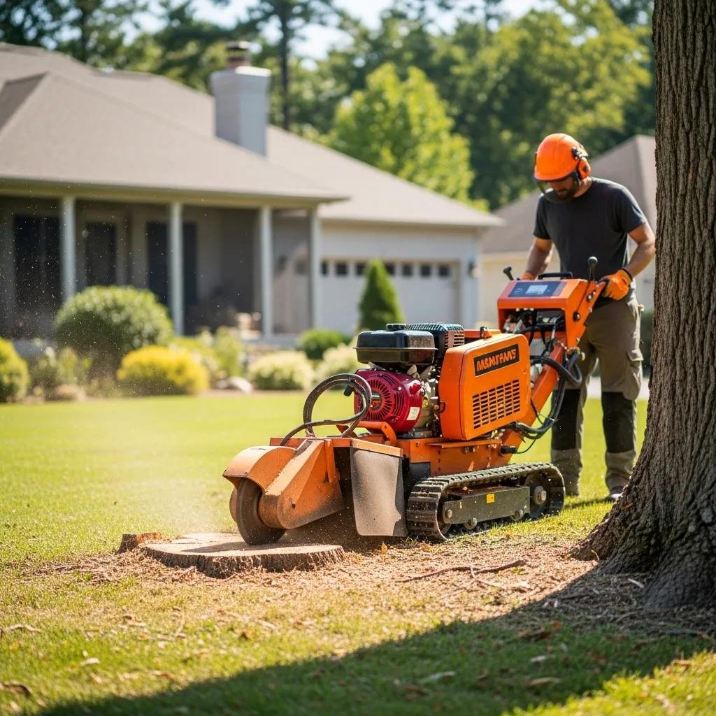 Professional stump grinding service in action, showcasing a worker using a stump grinder in a residential yard, enhancing safety and aesthetics for homeowners in The Villages.