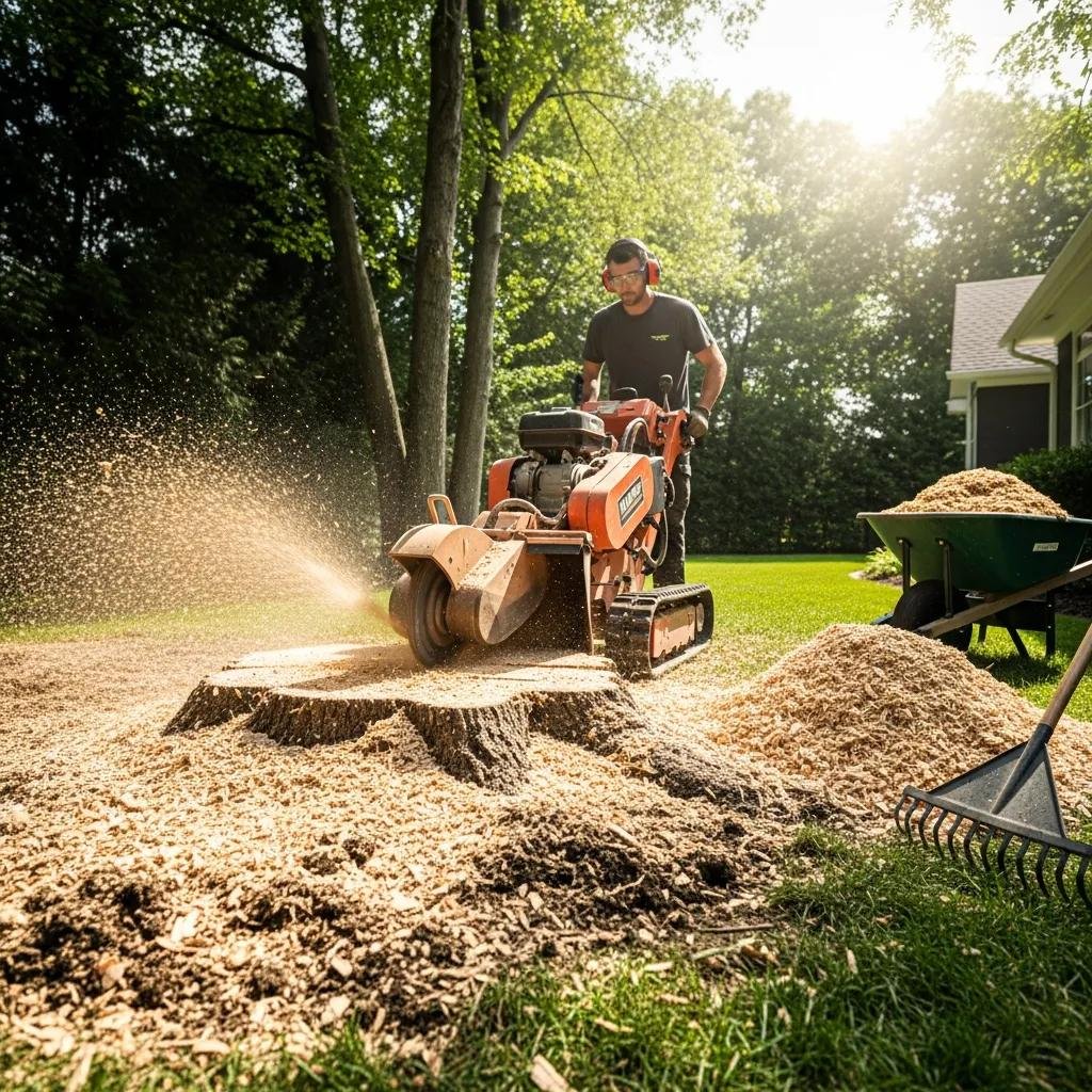 Professional stump grinding service removing tree stump, enhancing landscape safety, and preventing pest infestations in Silver Springs Shores.