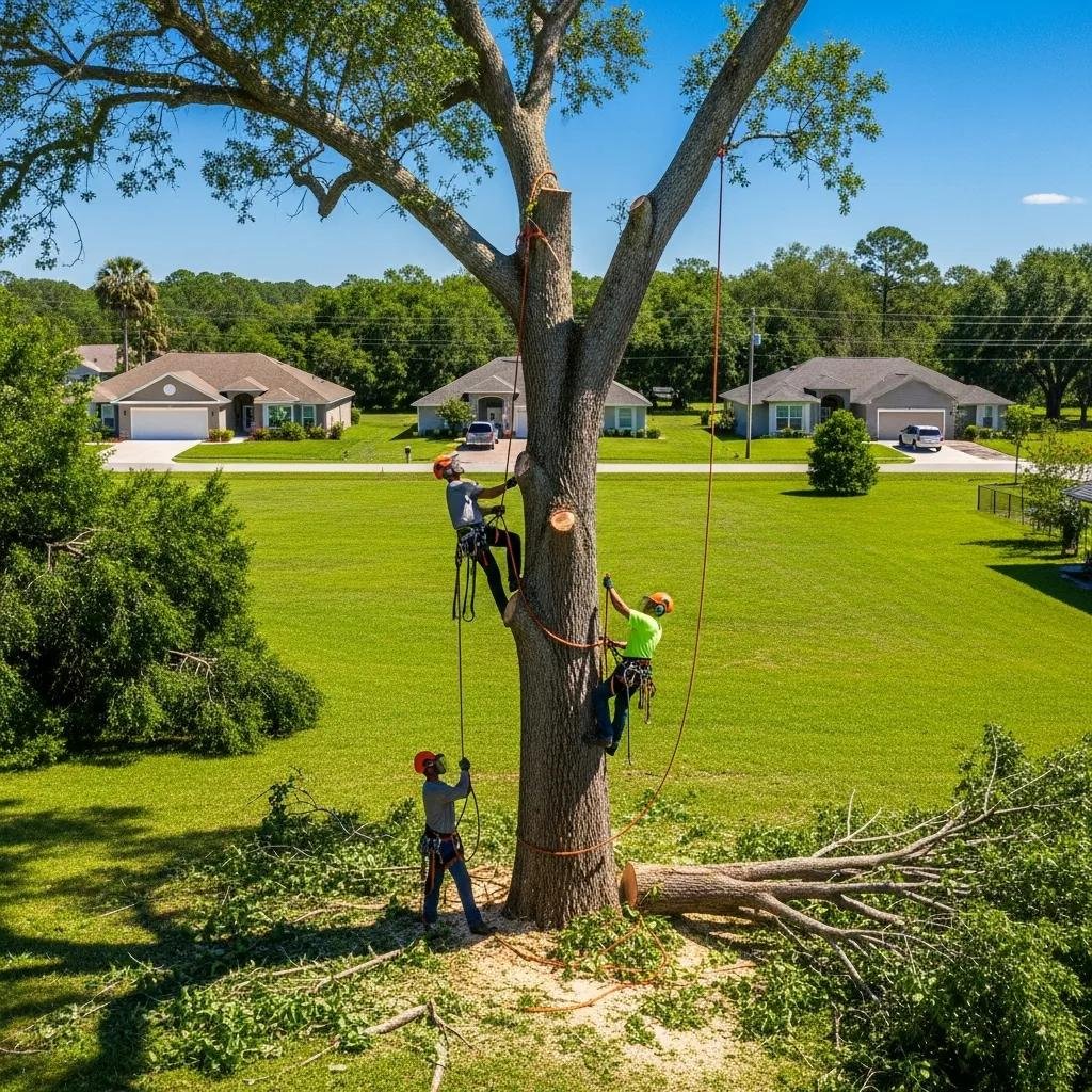 Professional tree service crew performing tree removal and trimming in Ocala, Florida, with safety gear, climbing equipment, and cut branches on the ground.