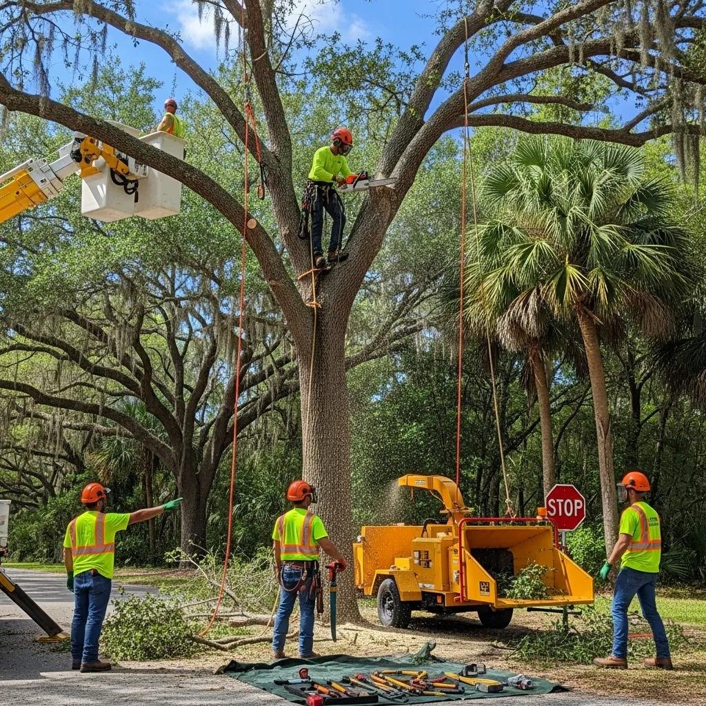 Professional tree service team in Dunnellon, Florida, engaged in tree removal and trimming with safety gear and equipment