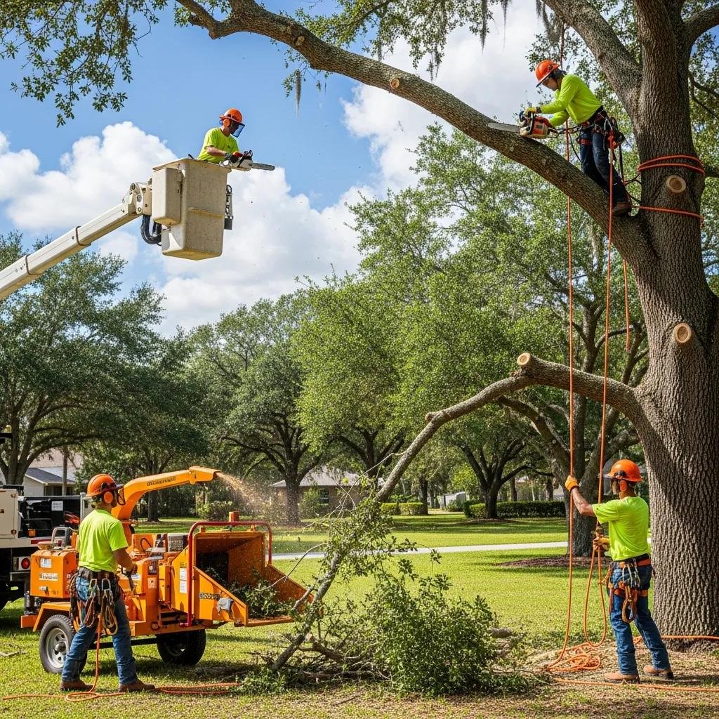 Professional tree service team performing tree trimming and care in Silver Springs Shores, Ocala, FL, with a bucket truck and chipper.