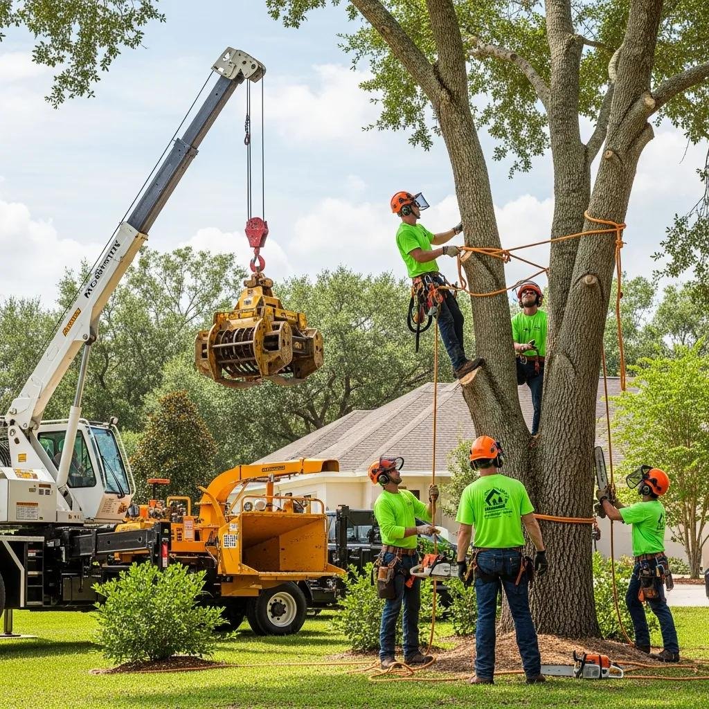 Professional tree removal team in The Villages using safety equipment and machinery to remove a large tree, showcasing expertise and emergency tree services.