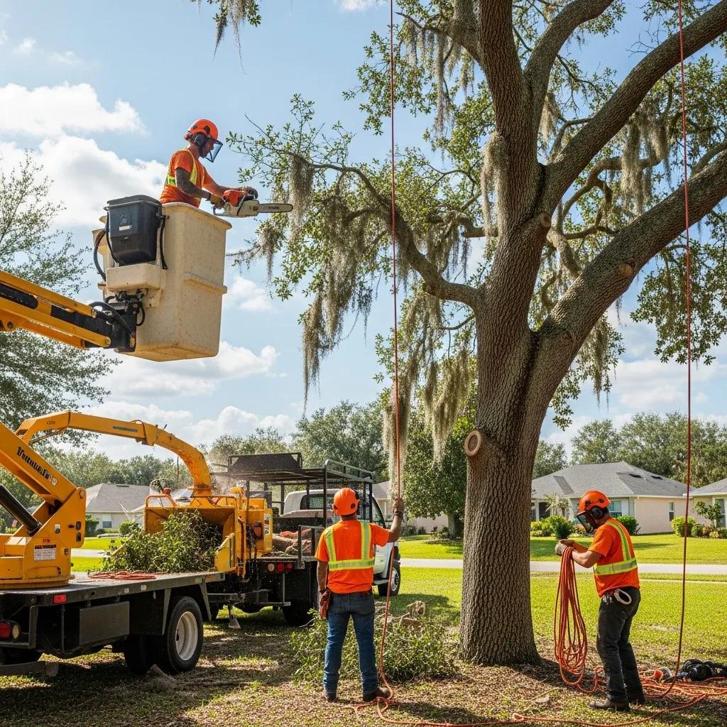 Professional tree service team trimming trees in Summerfield, Florida
