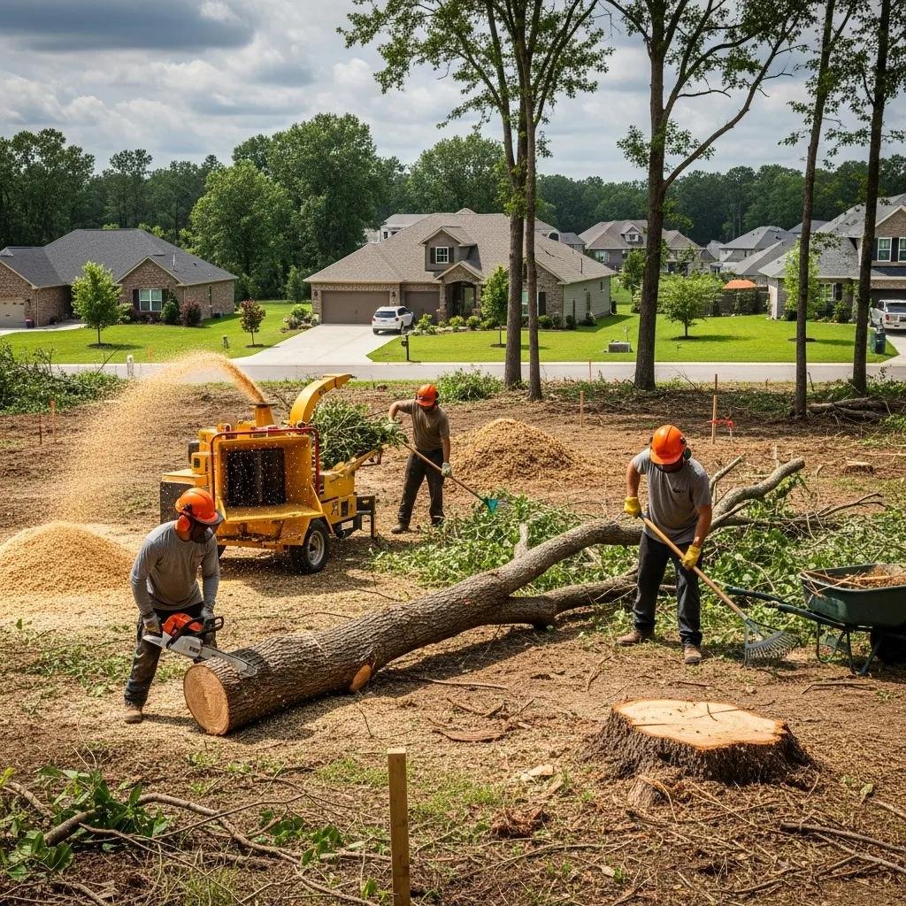 Professionals performing residential lot clearing in Dunnellon, Florida, using a wood chipper and chainsaws to remove trees and brush, with mulch piles and suburban homes in the background.