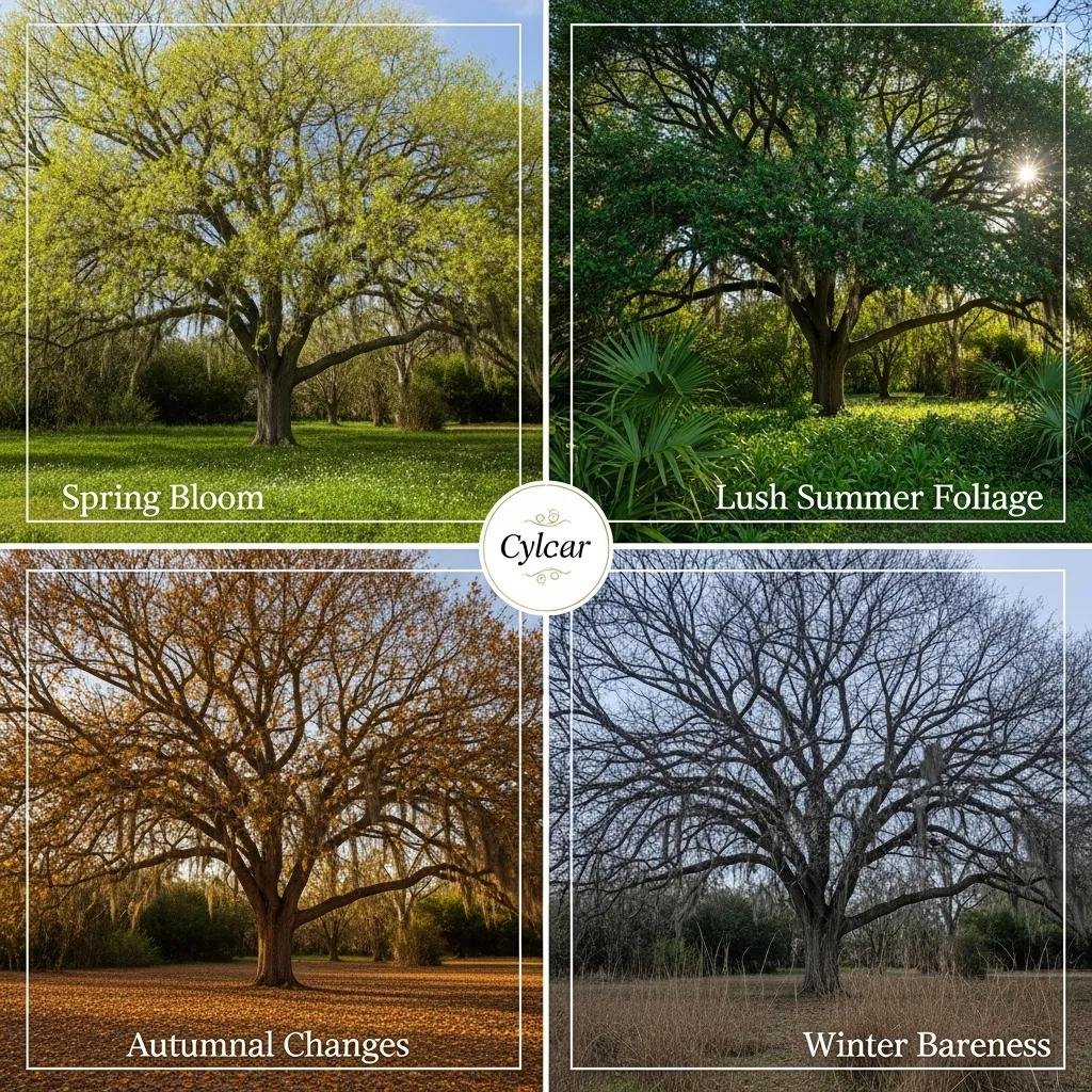 Seasonal changes in Florida trees showcasing Spring bloom, lush Summer foliage, Autumnal changes, and Winter bareness, emphasizing the impact on tree health and pruning needs.