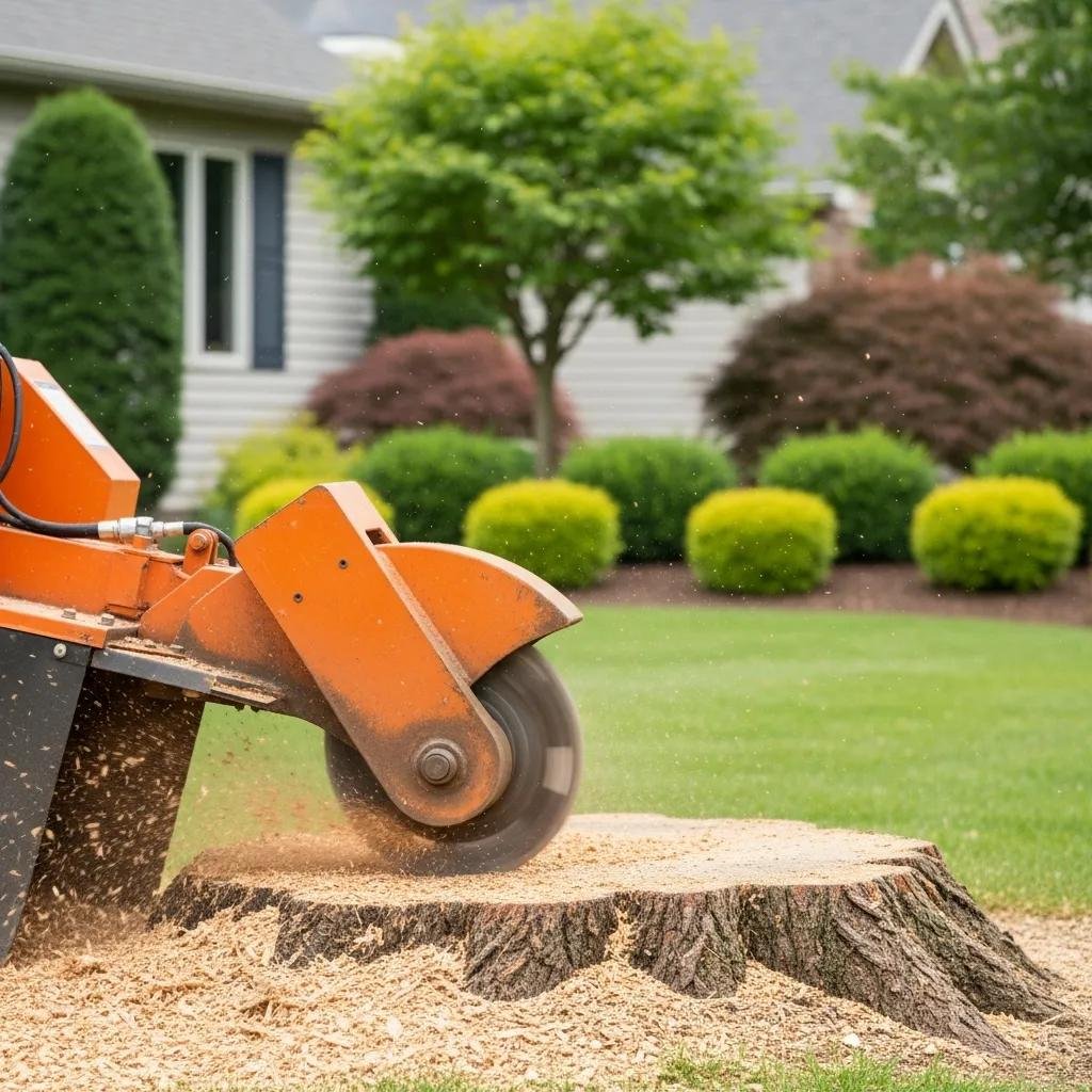 Stump grinding machine efficiently removing a tree stump in a residential yard, promoting safety and pest prevention for homeowners.