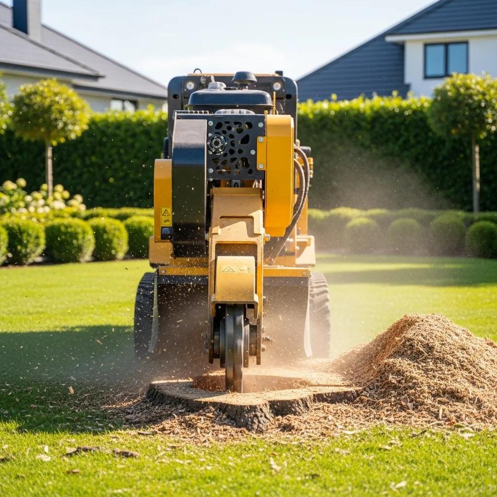 Stump grinding machine removing a tree stump in a residential yard