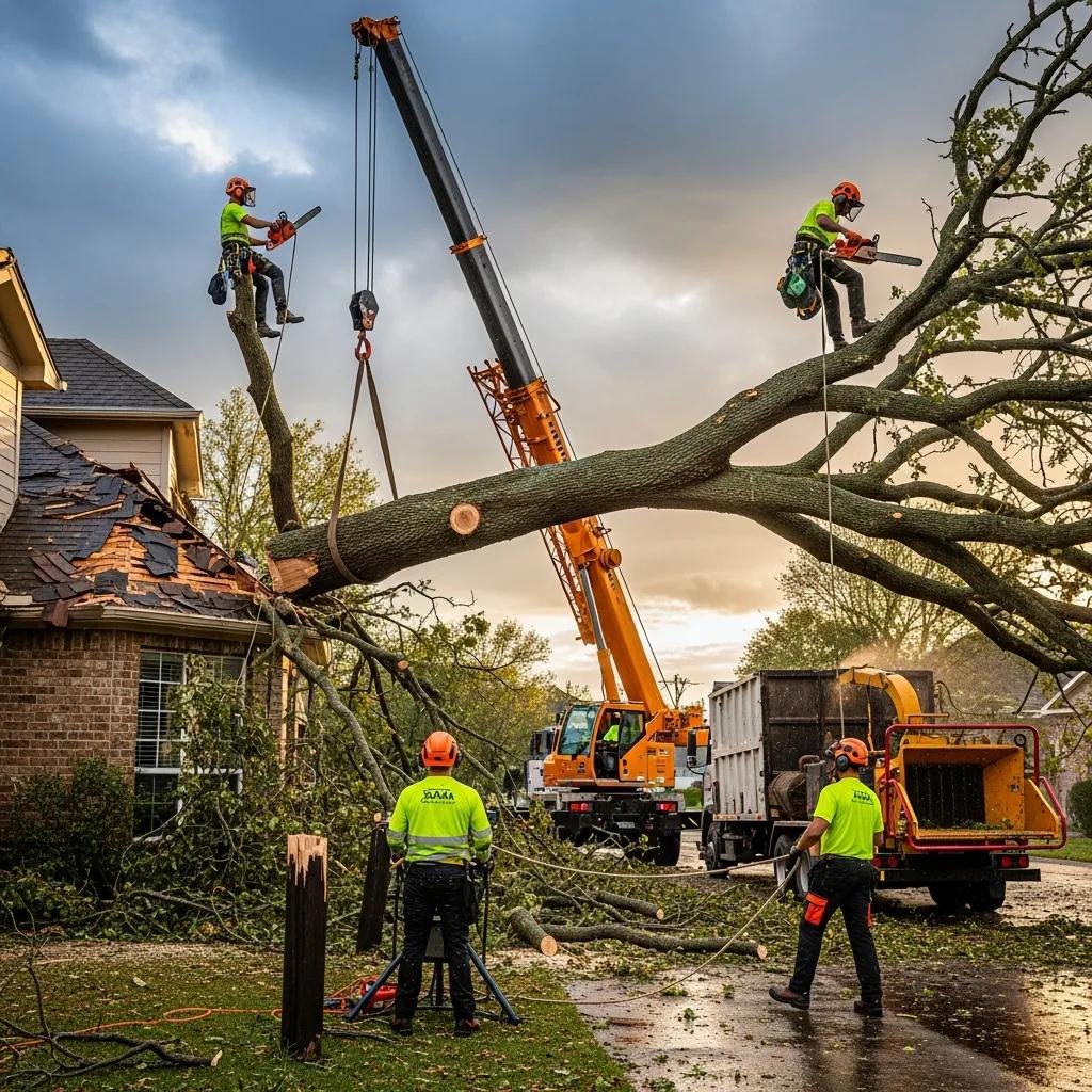 Team of arborists conducting emergency tree removal after a storm, using cranes and safety equipment, with damaged house roof and fallen branches in Ocala, FL.