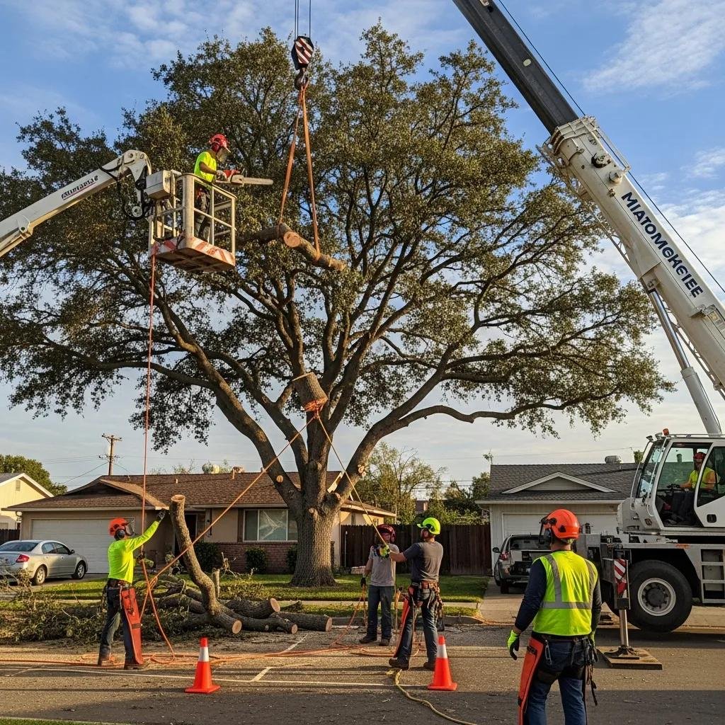 Team of arborists safely removing a large tree with a crane, showcasing emergency tree removal protocols