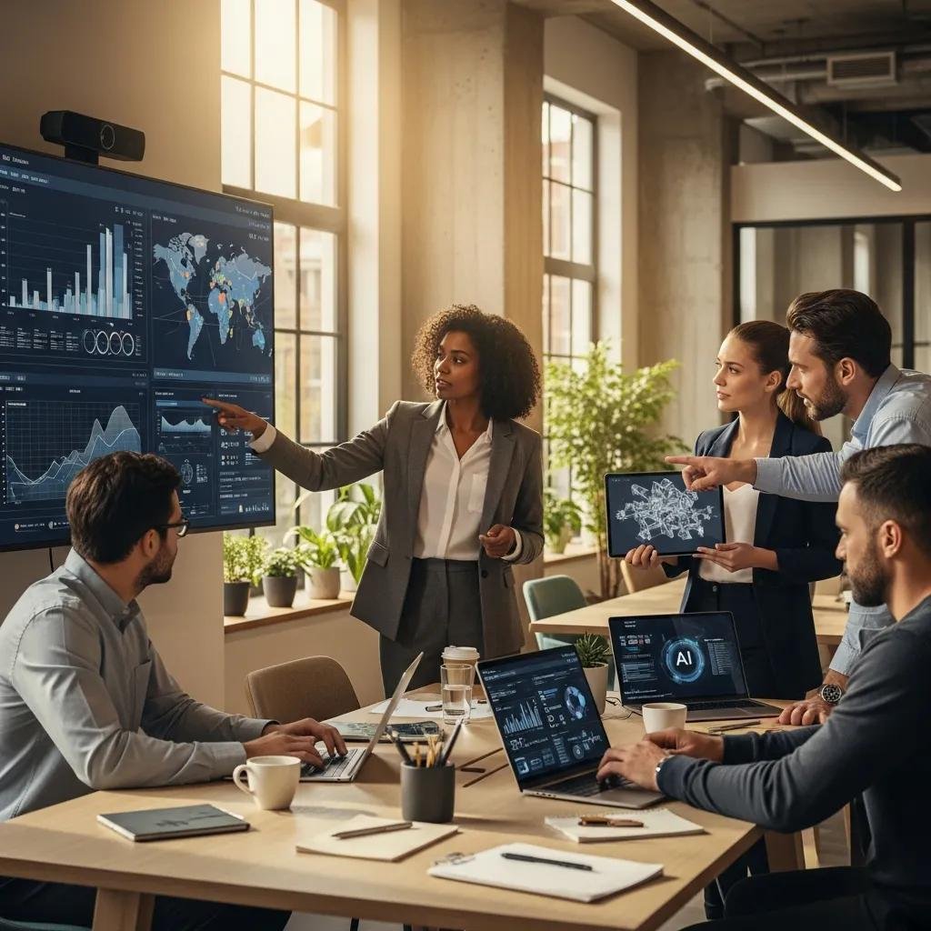 Team of professionals analyzing AI competitor analysis data in a modern office setting, discussing SEO strengths and weaknesses with charts and graphs displayed on a screen.