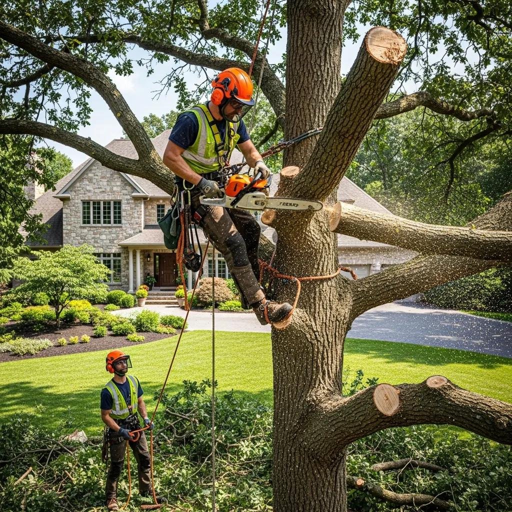 Tree removal process with professional arborist using chainsaw, ensuring safety and enhancing property value in residential landscape.