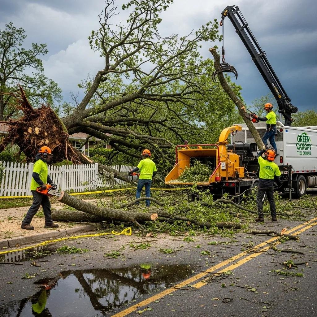 Tree service crew clearing storm damage in Summerfield, Florida, with fallen tree and debris, emergency response, and equipment in action.