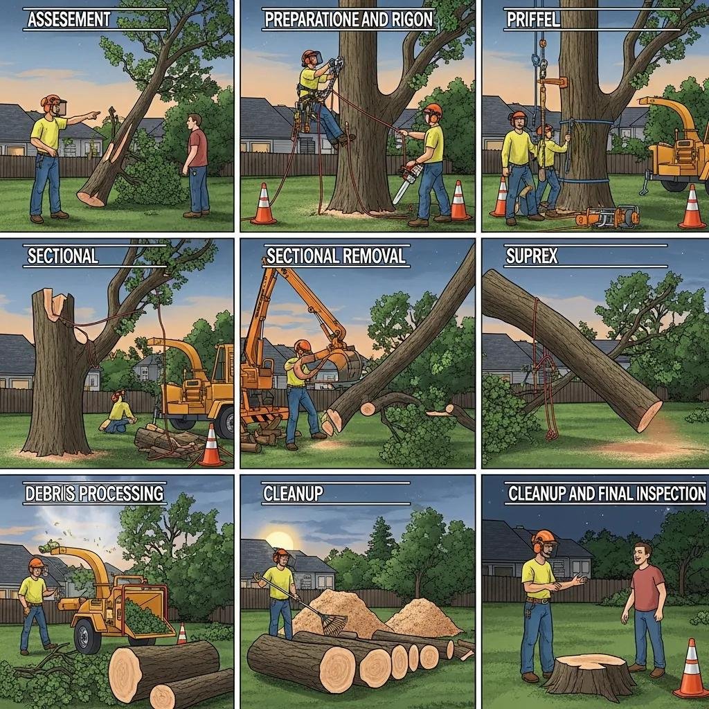 Emergency tree removal process illustration showing assessment, preparation, sectional removal, debris processing, and cleanup steps, emphasizing safety and efficiency in tree service operations.