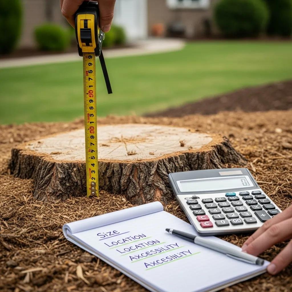 Measuring tape on stump with notepad listing size, location, and accessibility factors for stump grinding cost analysis in landscaped yard.